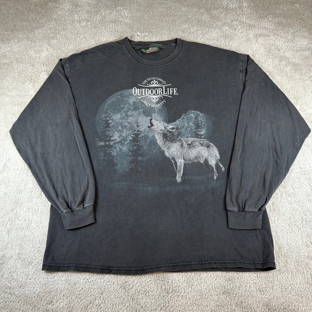 VTG Outdoor Life Graphic Tee Mens XL Black Long Sleeve Howling Wolf Moon T-Shirt